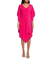 Trina Turk Toulouse Double Georgette V-Neck Short Sleeve Tie Waist Fringe Caftan Dress