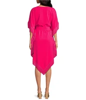 Trina Turk Toulouse Double Georgette V-Neck Short Sleeve Tie Waist Fringe Caftan Dress