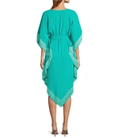 Trina Turk Toulouse Double Georgette V-Neck Short Sleeve Tie Waist Fringe Caftan Dress