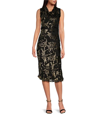 Trina Turk Twinkling Tinsel Burnout Cowl Neck Sleeveless Dress