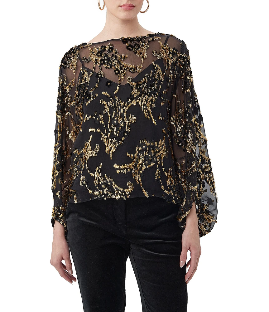 Trina Turk Ursa Twinkling Tinsel Burnout Boat Neck Long Balloon Sleeve Top