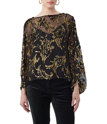 Trina Turk Ursa Twinkling Tinsel Burnout Boat Neck Long Balloon Sleeve Top