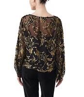 Trina Turk Ursa Twinkling Tinsel Burnout Boat Neck Long Balloon Sleeve Top