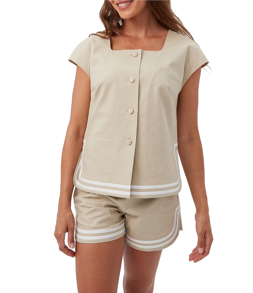 Trina Turk Valence Stretch Linen Blend Square Neck Cap Sleeve Button Front Top