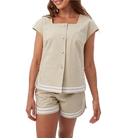 Trina Turk Valence Stretch Linen Blend Square Neck Cap Sleeve Button Front Top