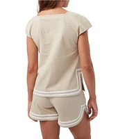Trina Turk Valence Stretch Linen Blend Square Neck Cap Sleeve Button Front Top