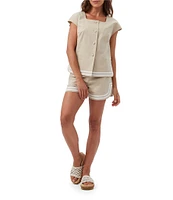 Trina Turk Valence Stretch Linen Blend Square Neck Cap Sleeve Button Front Top