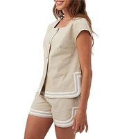 Trina Turk Valence Stretch Linen Blend Square Neck Cap Sleeve Button Front Top