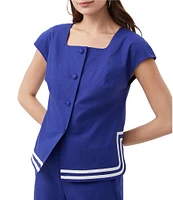 Trina Turk Valence Stretch Linen Blend Square Neck Cap Sleeve Button Front Top