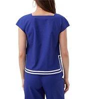 Trina Turk Valence Stretch Linen Blend Square Neck Cap Sleeve Button Front Top