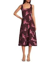 Trina Turk Valor Printed Jacquard Square Neck Sleeveless A-Line Midi Dress