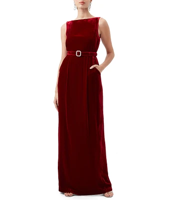 Trina Turk Vedda Velvet Boat Neck Sleeveless Belted Column Dress