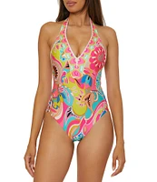 Trina Turk Venus Abstract Border Plunge One Piece Swimsuit
