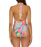 Trina Turk Venus Abstract Border Plunge One Piece Swimsuit