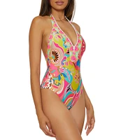 Trina Turk Venus Abstract Border Plunge One Piece Swimsuit
