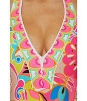 Trina Turk Venus Abstract Border Plunge One Piece Swimsuit