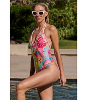 Trina Turk Venus Abstract Border Plunge One Piece Swimsuit
