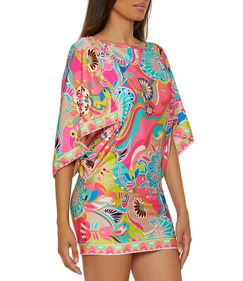 Trina Turk Venus Abstract Border Print Boat Neck Tunic Swim Cover-Up