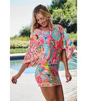 Trina Turk Venus Abstract Border Print Boat Neck Tunic Swim Cover-Up