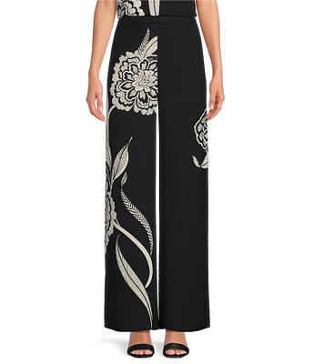 Trina Turk Verity Double Georgette Floral Print Wide Leg Flat Front Pants