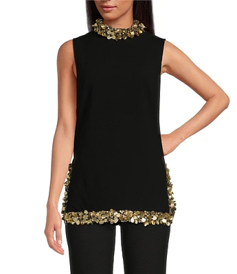 Trina Turk Wonderous 2 Beaded Mock Neck Sleeveless Top