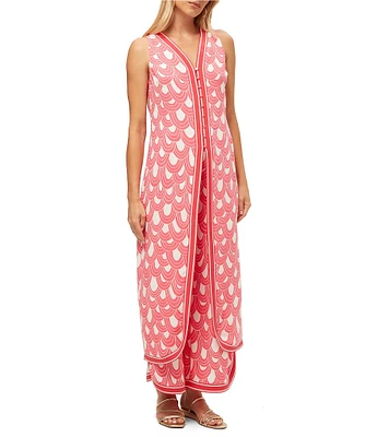 Trina Turk Woven Printed V-Neck Sleeveless Button Front Slice Tunic