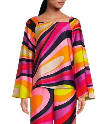 Trina Turk Woven Satin Georgette Abstract Print Square Neck Flare Sleeve Torie Coordinating Top