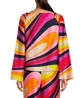 Trina Turk Woven Satin Georgette Abstract Print Square Neck Flare Sleeve Torie Coordinating Top