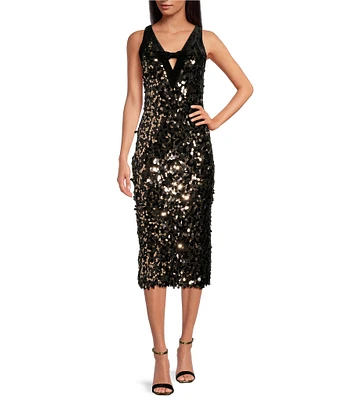 Trina Turk Yanna Petal Paillette Sequin V-Neck Velvet Trim Bow Dress