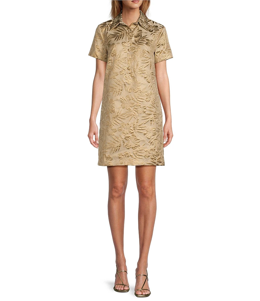 Trina Turk Yina Jacquard Point Collar Short Sleeve Button Front Shift Dress