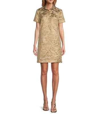 Trina Turk Yina Jacquard Point Collar Short Sleeve Button Front Shift Dress