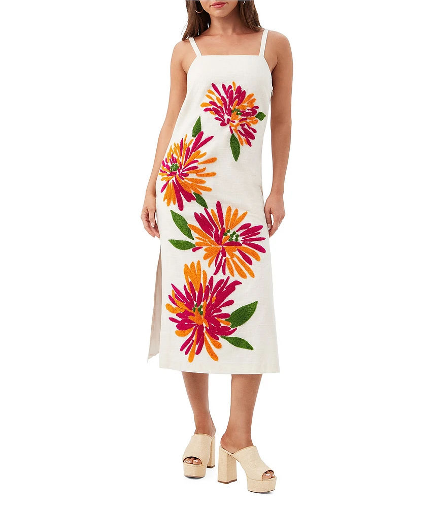 Trina Turk Yona Embroidered Floral Square Neck Sleeveless Side Slit Midi Dress