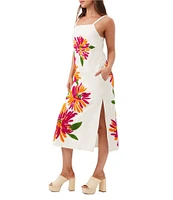 Trina Turk Yona Embroidered Floral Square Neck Sleeveless Side Slit Midi Dress