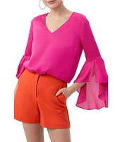 Trina Turk Yuki Crinkle Georgette V-Neck 3/4 Bell Sleeve Blouse