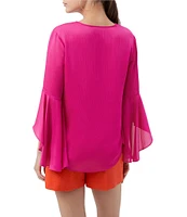 Trina Turk Yuki Crinkle Georgette V-Neck 3/4 Bell Sleeve Blouse