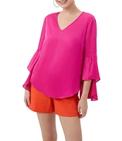 Trina Turk Yuki Crinkle Georgette V-Neck 3/4 Bell Sleeve Blouse