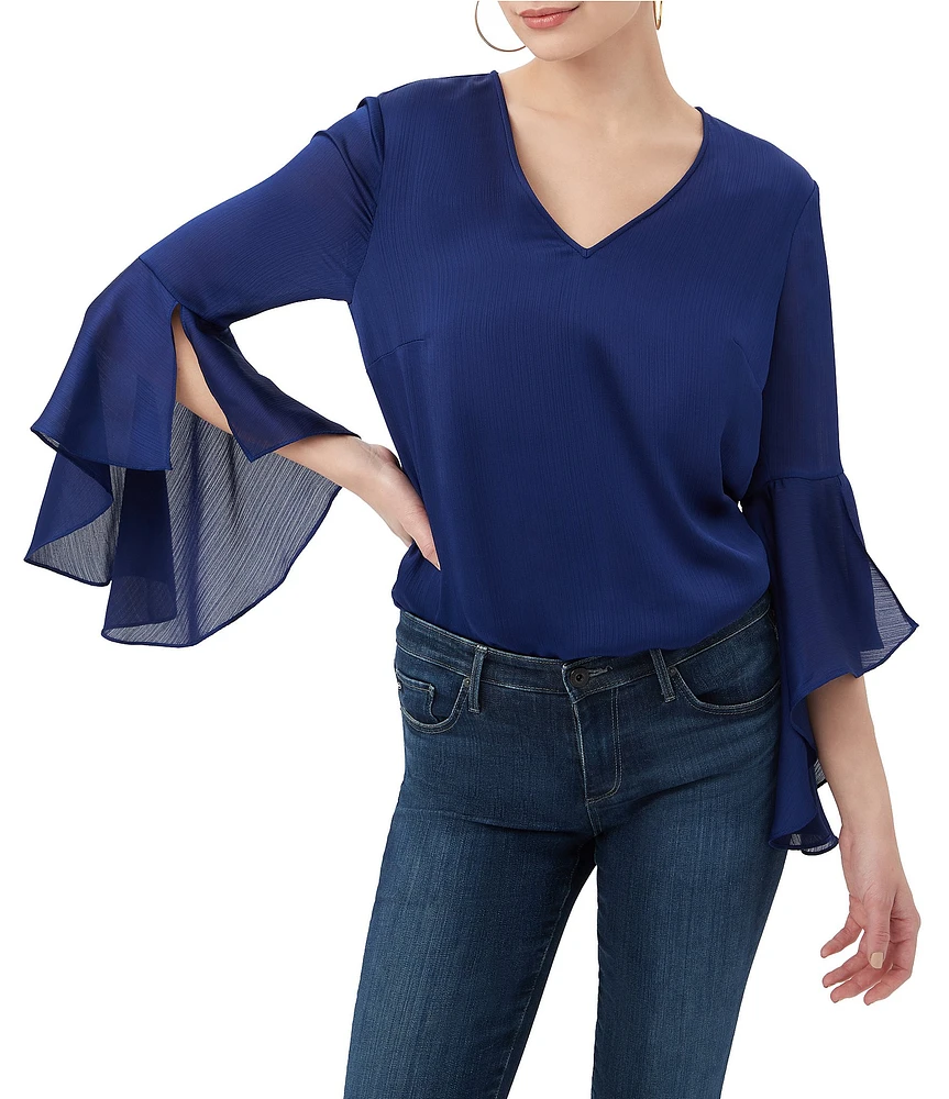 Trina Turk Yuki Crinkle Georgette V-Neck 3/4 Bell Sleeve Blouse