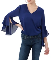 Trina Turk Yuki Crinkle Georgette V-Neck 3/4 Bell Sleeve Blouse