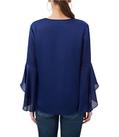 Trina Turk Yuki Crinkle Georgette V-Neck 3/4 Bell Sleeve Blouse