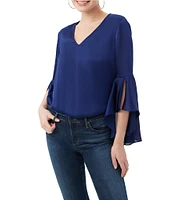 Trina Turk Yuki Crinkle Georgette V-Neck 3/4 Bell Sleeve Blouse