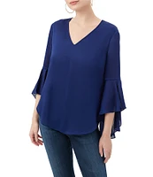 Trina Turk Yuki Crinkle Georgette V-Neck 3/4 Bell Sleeve Blouse