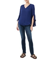 Trina Turk Yuki Crinkle Georgette V-Neck 3/4 Bell Sleeve Blouse