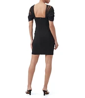 Trina Turk Yuma Crepe Knit V-Neck Gathered Tulle Cap Sleeve Dress