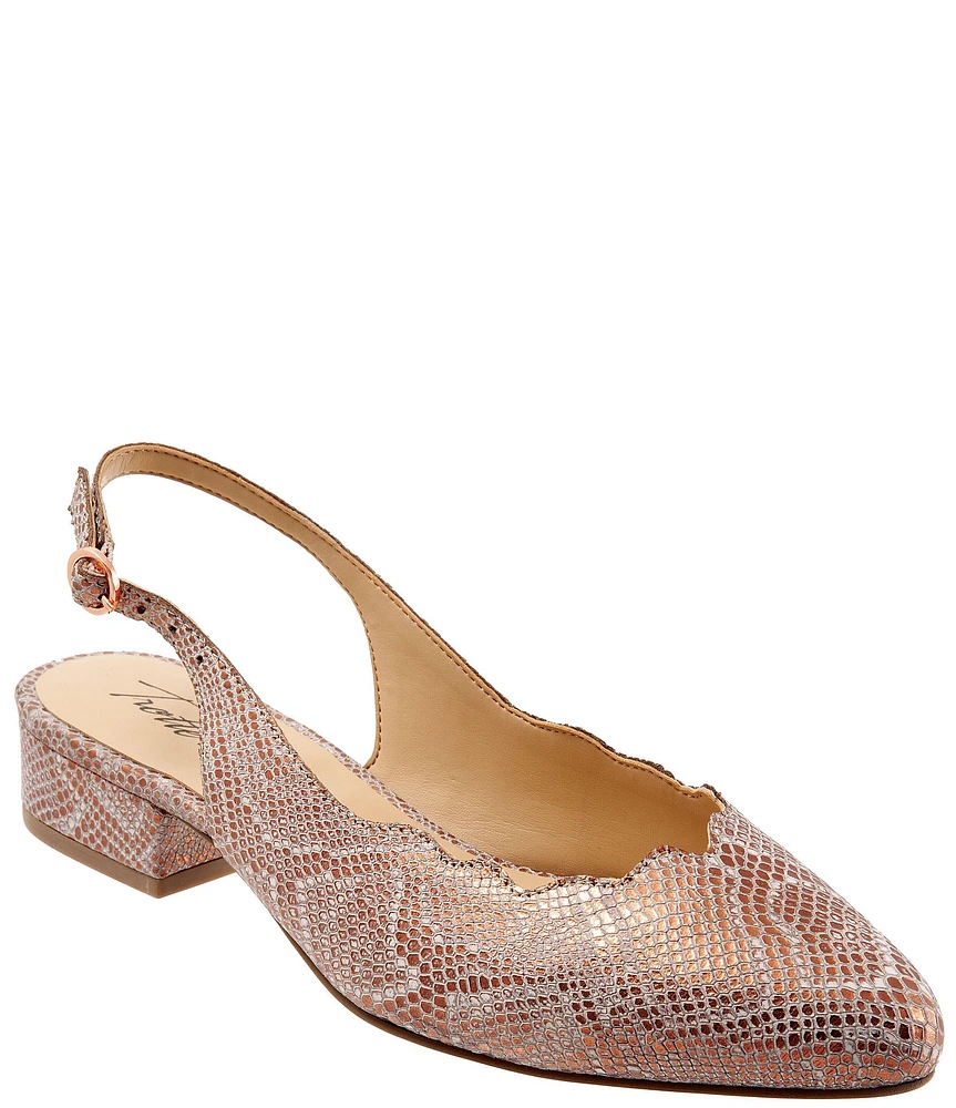 Trotters Joselyn Metallic Snake Print Scalloped Leather Block Heel Sling Pumps