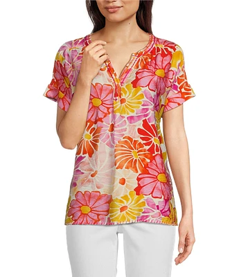 Tru Luxe Embroidered Floral Split Neck Short Sleeve Top