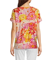 Tru Luxe Embroidered Floral Split Neck Short Sleeve Top