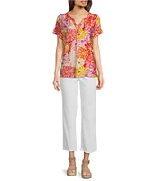 Tru Luxe Embroidered Floral Split Neck Short Sleeve Top
