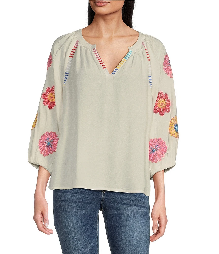 Tru Luxe Jean Split V-Neck 3/4 Sleeve Embroidered Popover Top
