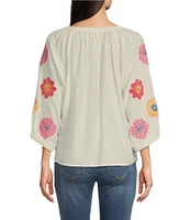 Tru Luxe Jean Split V-Neck 3/4 Sleeve Embroidered Popover Top