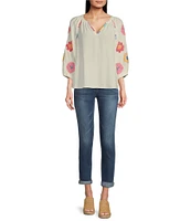 Tru Luxe Jean Split V-Neck 3/4 Sleeve Embroidered Popover Top